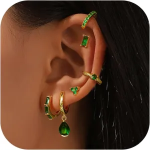 14K Gold Hoop Earrings for Women 6 Pairs Emerald Green Earrings Dainty Small Hoop Earrings Stud Earrings Sets for Multiple Piercing