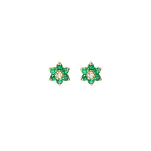 14k Prong Emerald & Diamond Center Tiny Flower Studs
