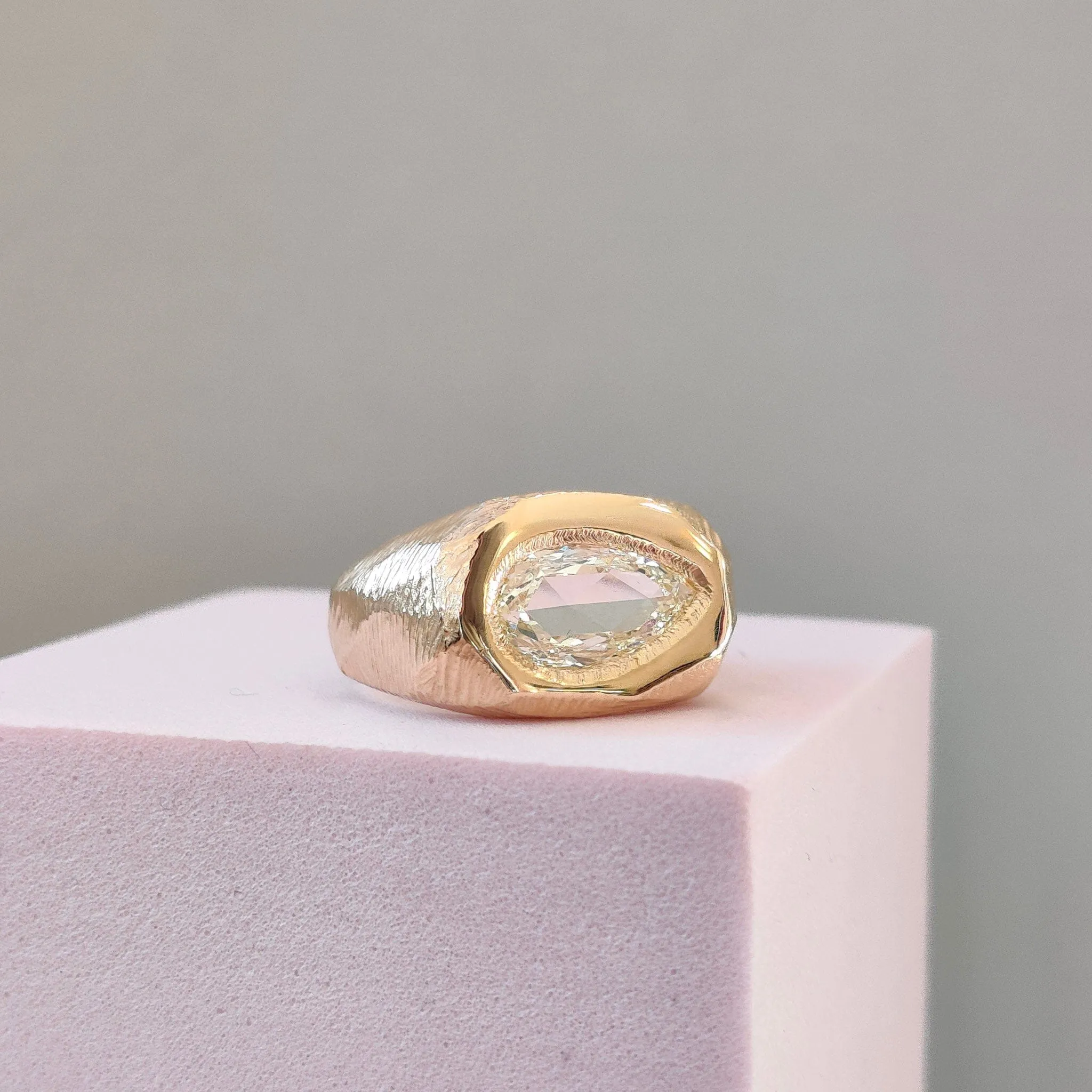 18K Carved Signet Ring with Pear Diamond