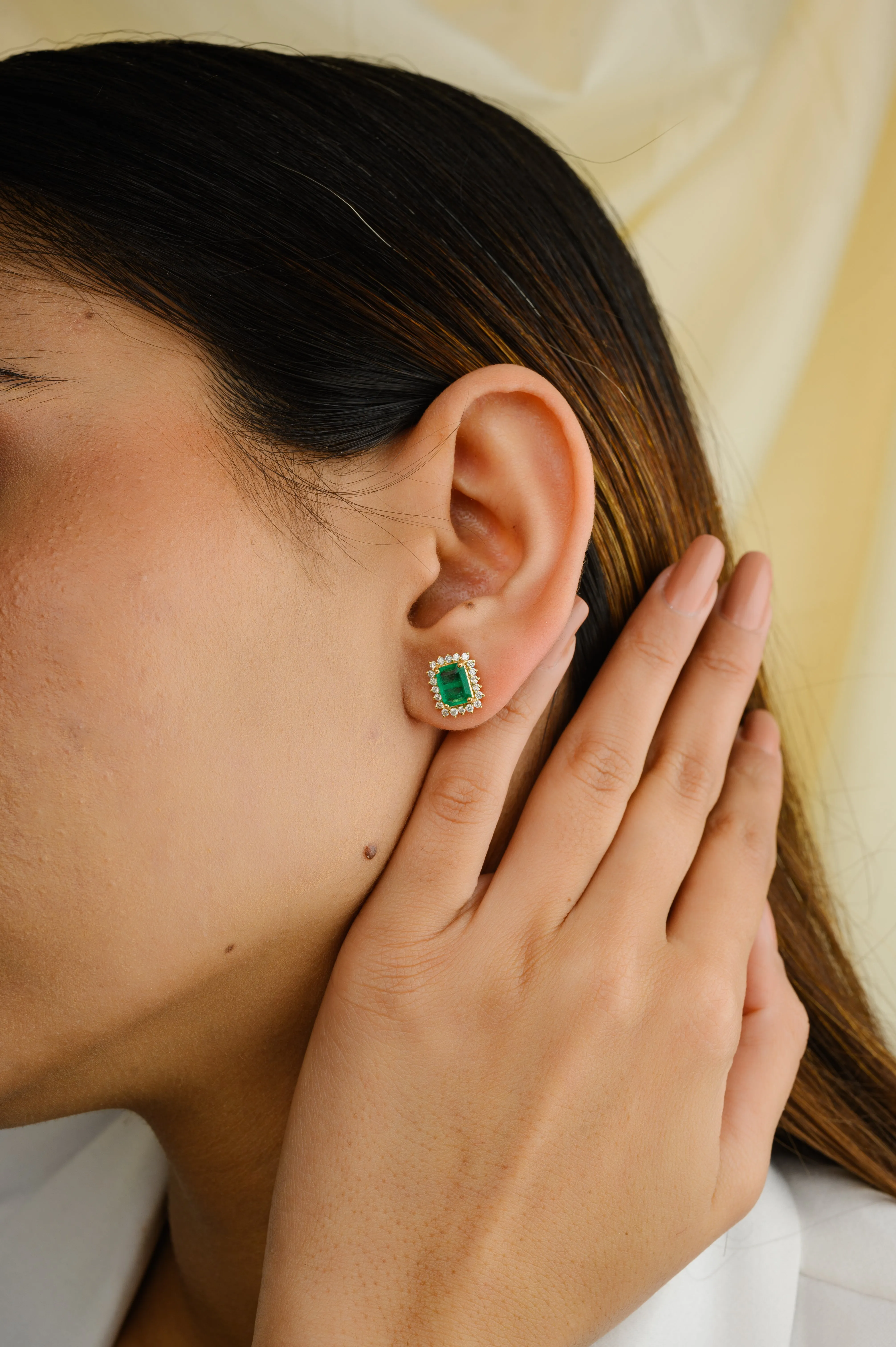 18K Gold Emerald Halo Diamond Stud Earrings