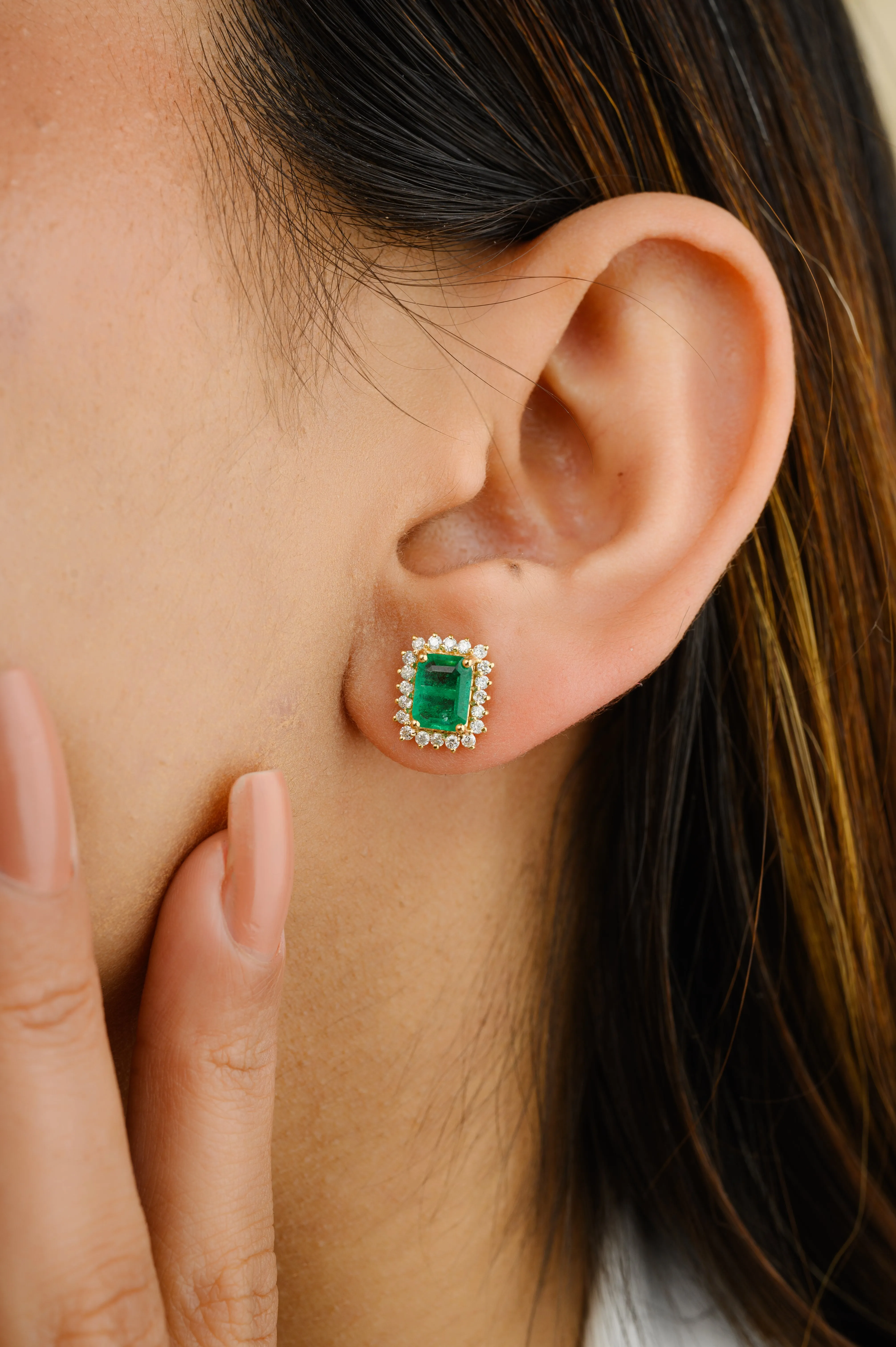 18K Gold Emerald Halo Diamond Stud Earrings