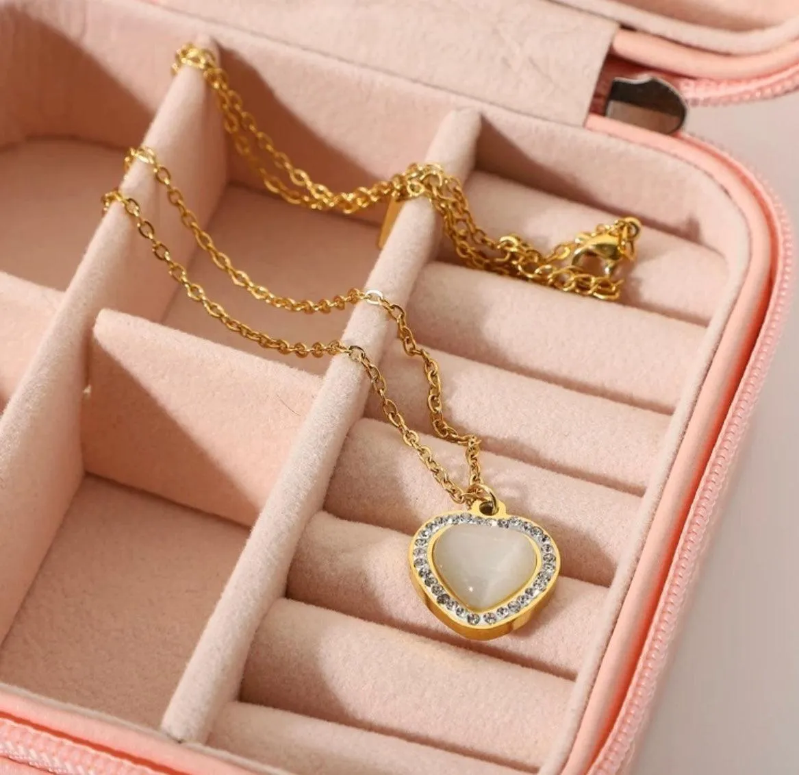 Gold-Plated Stainless-Steel Opal Heart Pendant Necklace