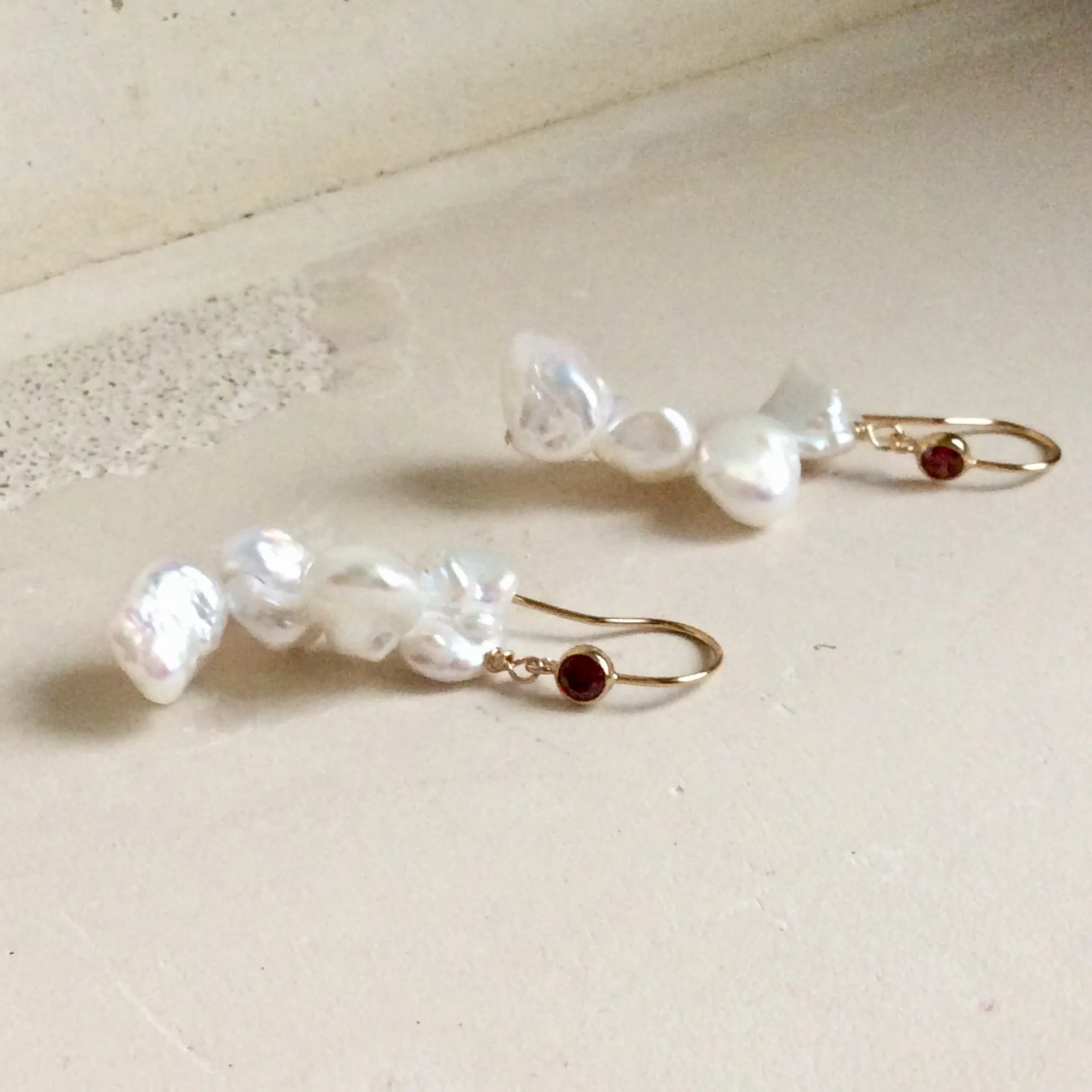 Keshi Pearls Drop Earrings, Gold Filled Hook and Deep Red Cubic Zirconia