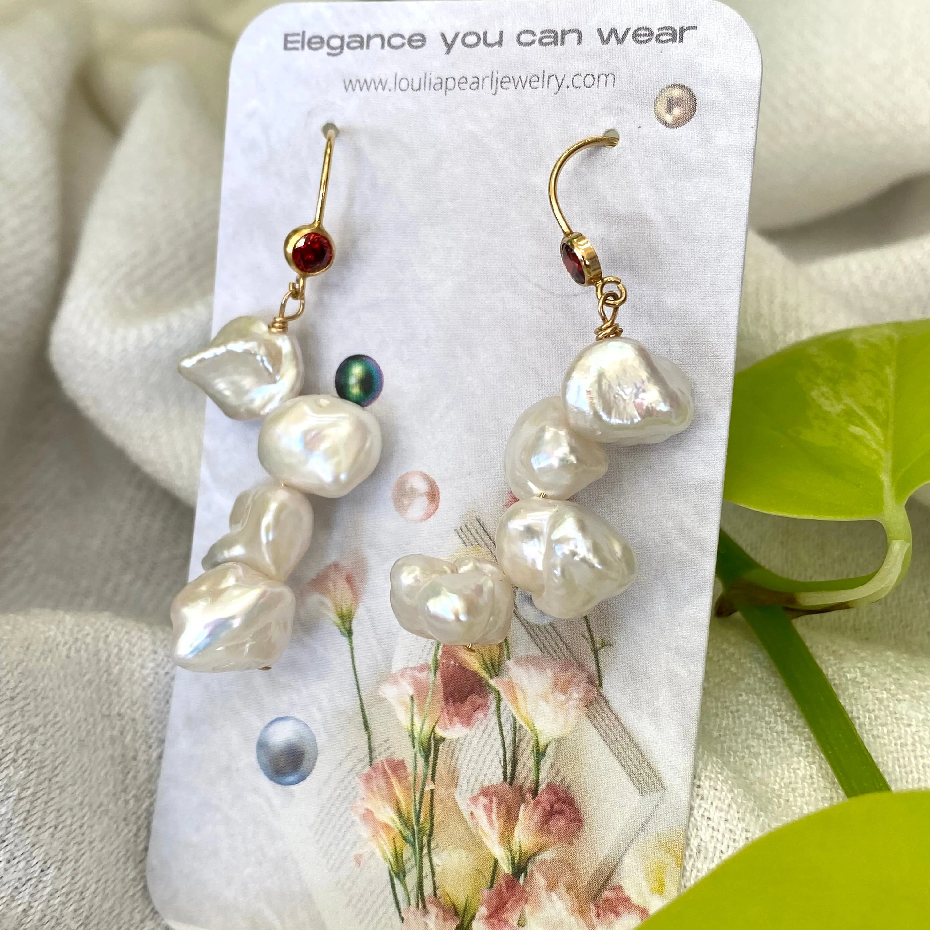 Keshi Pearls Drop Earrings, Gold Filled Hook and Deep Red Cubic Zirconia