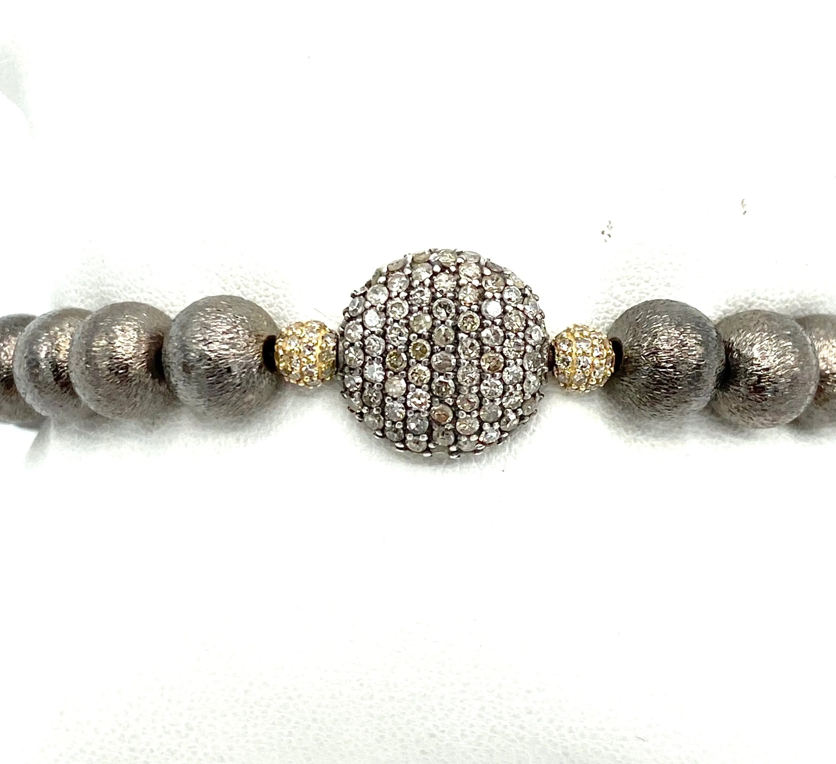 Rhodium Plated Copper Bead Bracelet with Two 14k Paved   Diamond Balls &  One Paved Diamond  Oval Bead