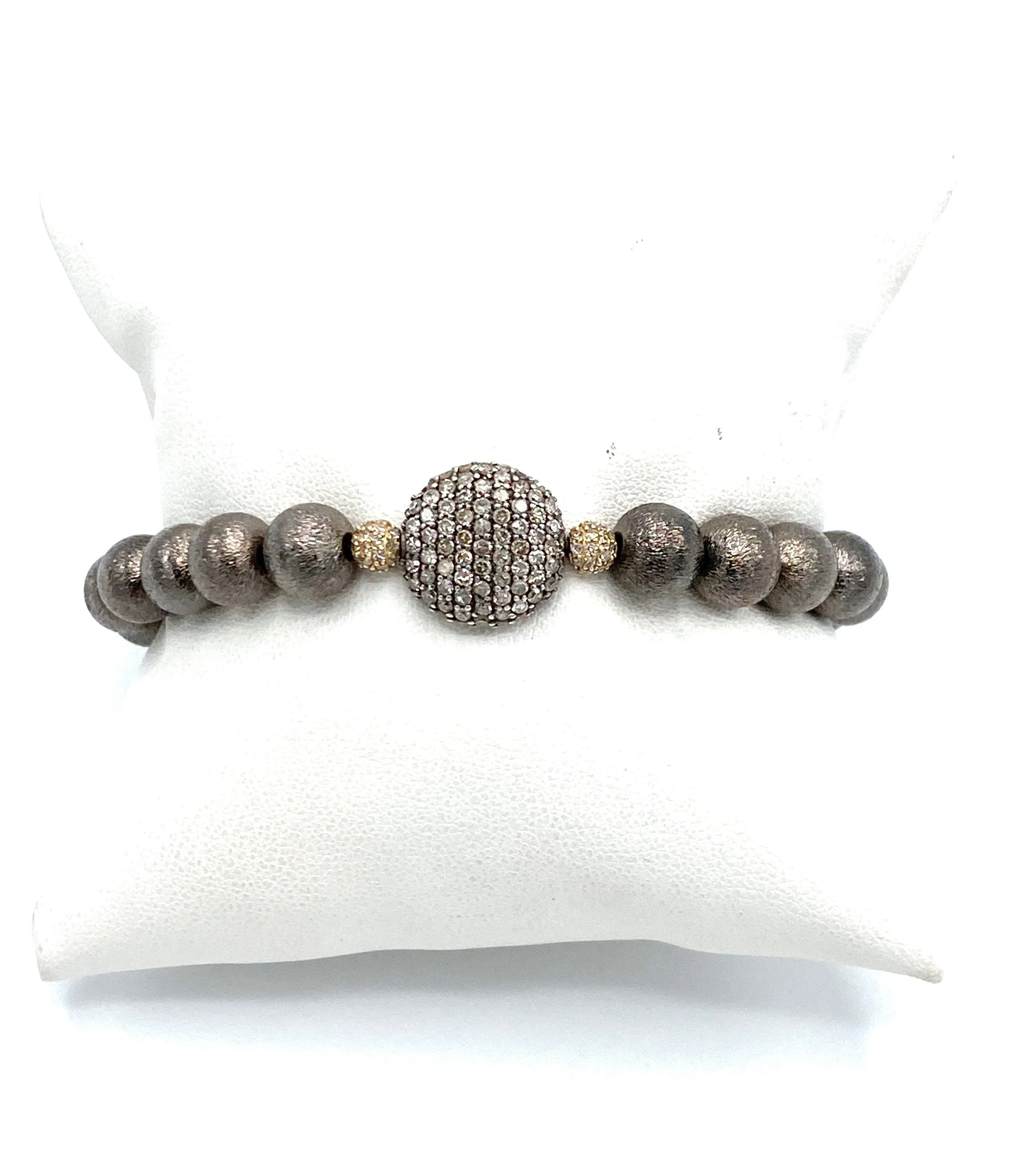 Rhodium Plated Copper Bead Bracelet with Two 14k Paved   Diamond Balls &  One Paved Diamond  Oval Bead