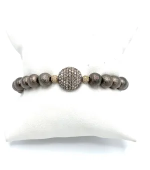 Rhodium Plated Copper Bead Bracelet with Two 14k Paved   Diamond Balls &  One Paved Diamond  Oval Bead