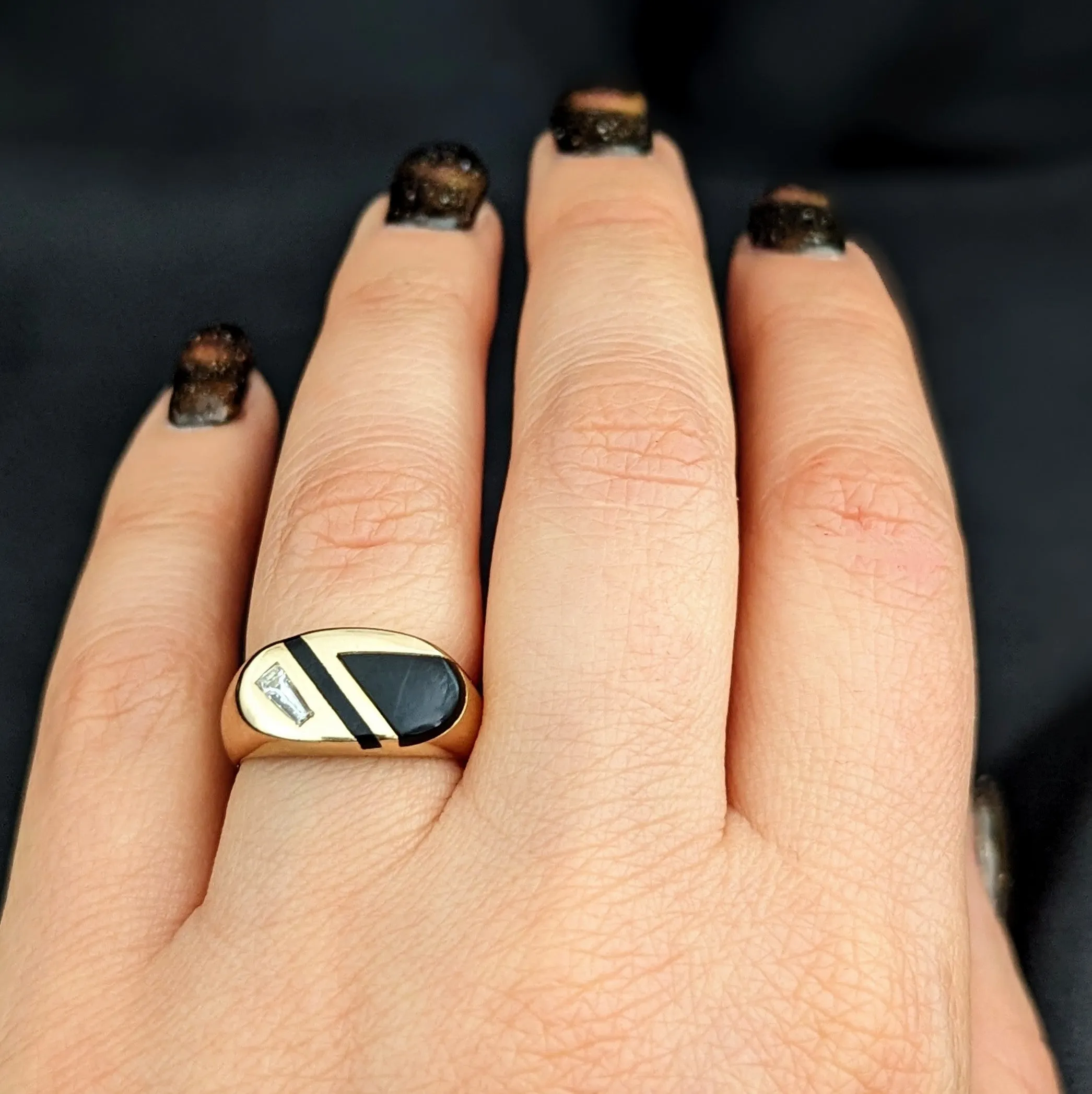 The Bedford - Vintage Diamond Onyx Inlay 14k Gold Signet Ring