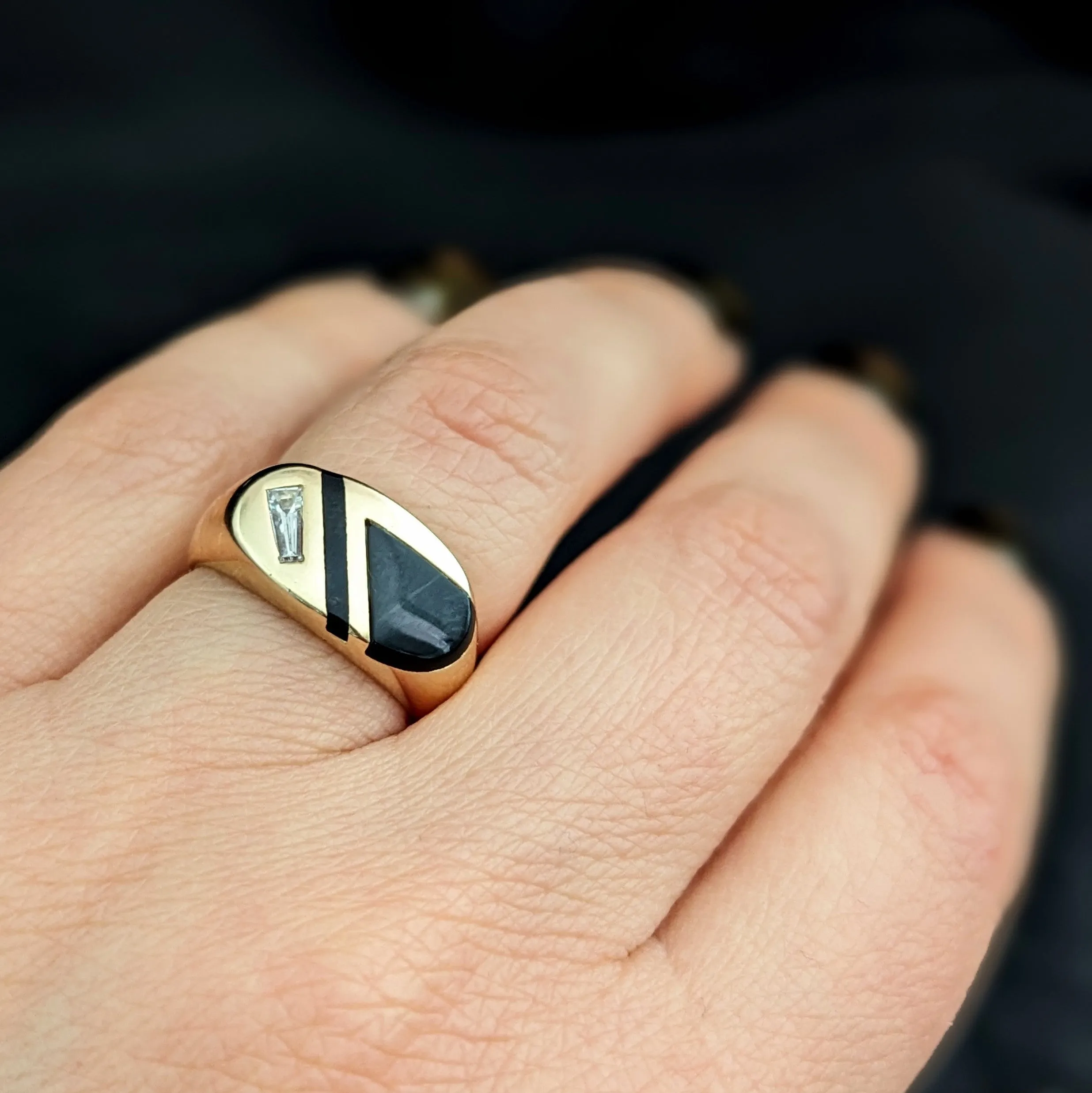 The Bedford - Vintage Diamond Onyx Inlay 14k Gold Signet Ring